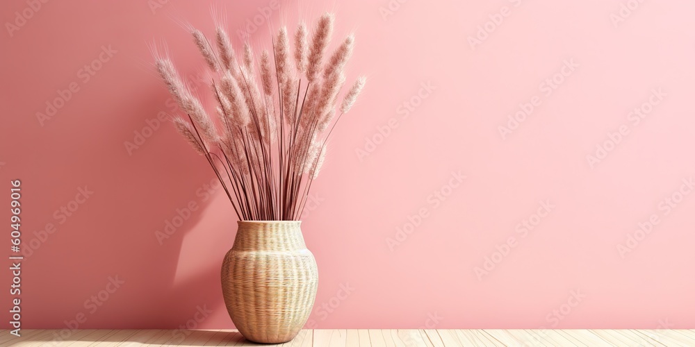A wicker basket with dried grass, evoking modern simplicity and lively tableaus in rose tones, with copy space, generative ai
