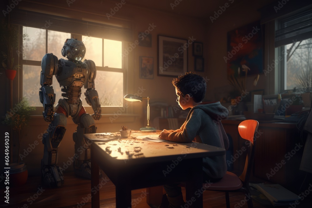 A robot helping with the homework, future of AI, children. Generative AI A robot helping with the homework, future of AI, children. Generative AI