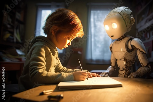 A robot helping with the homework, future of AI, children. Generative AI 