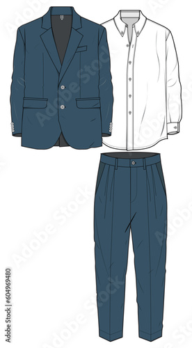 Men's Steel Blue Blazer and Trouser Suits with White Shirt Fashion Illustration, Vector, CAD, Technical Drawing, Flat Drawing, Template, Mockup.	
