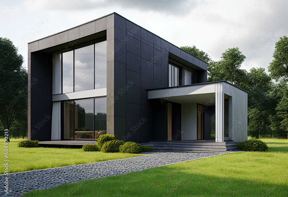 Contemporary modern house. Architect's house. Modern house with large windows. Real estate. Real estate agency. Real estate agent
