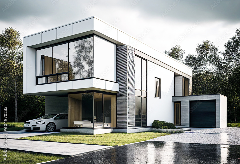 Fototapeta premium Contemporary modern white house. Architect's house. Modern house with large windows. Real estate. Real estate agency. Real estate agent
