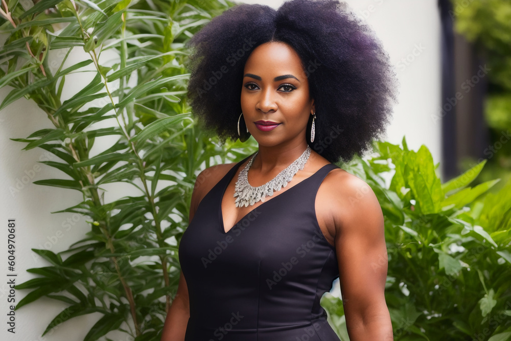 Digital portrait of a mature beautiful african american, submissive, woman wearing a long black sleeveless cocktail dress. Concept of active life. Generative AI Digital portrait of a mature beautiful african american, submissive, woman wearing a long black sleeveless cocktail dress. Concept of active life. Generative AI