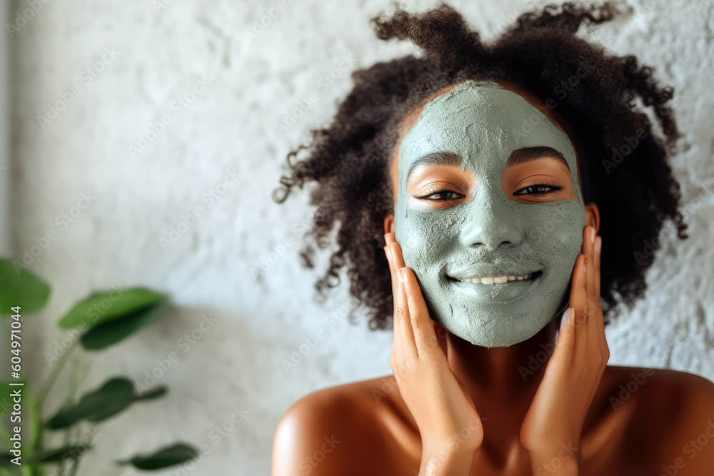 Generative AI illustration of a black woman with makeup remover moisturizing mask on her face looking at camera Generative AI illustration of a black woman with makeup remover moisturizing mask on her face looking at camera