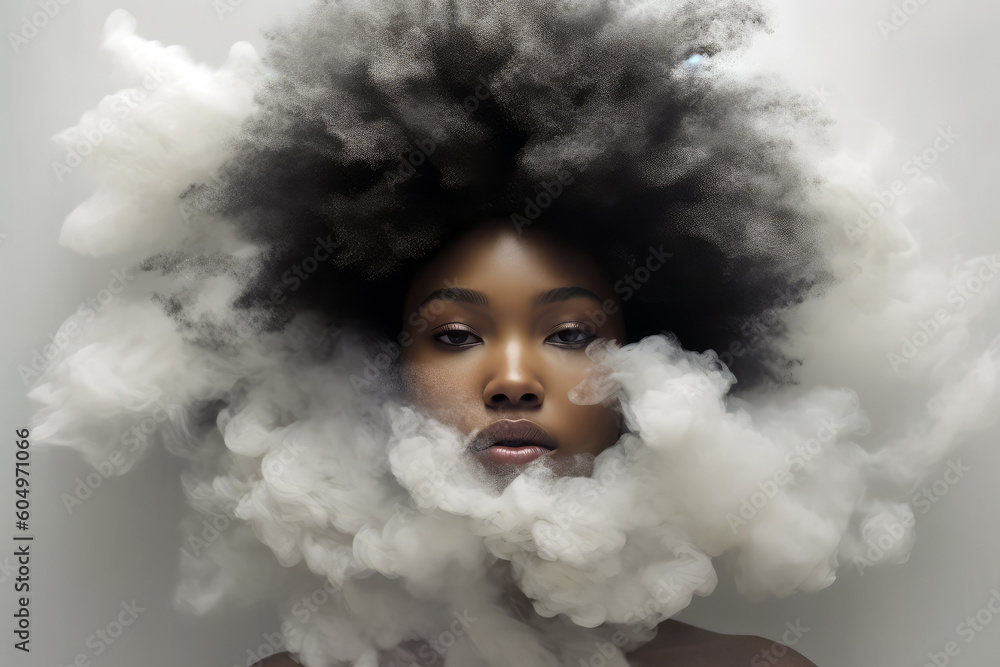 Generative AI illustration of a black woman making a serious gesture with her head surrounded by smoke Generative AI illustration of a black woman making a serious gesture with her head surrounded by smoke