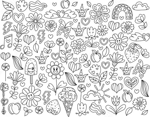 Think positive. Hand drawn coloring pages for kids and adults. Beautiful drawings with patterns. Doodle background. Coloring book pictures with blooming flowers, smiles.