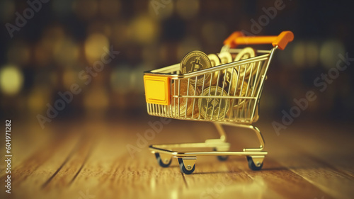 Bitcoin in shopping cart, digital currency market. Bitcoin, gold, and coins traded in e-business. Crypto exchange, global finance.