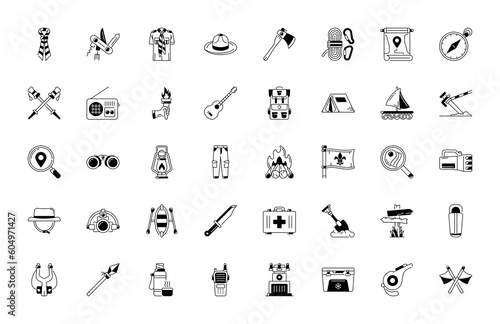 Set of 40 minimal scout icons showing the equipment and activities for hiking, camping and outdoor education including fire, cooking, backpack, tent, canoe, compass, canteen, archery and lantern
