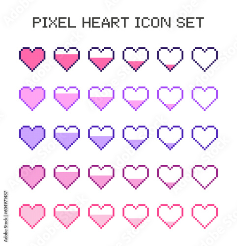 pixel heart set, 8 bit, health bar, gaming, icon set, trendy vector illustration