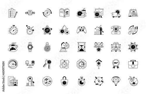 Simple Set of Time Management Related Vector Line Icons. Contains such Icons as Milestone, Reminder, Goal, Working Hours and more. 
