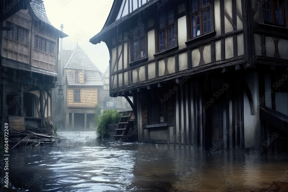 Fototapeta premium high water level on a city European street from a flood, after a downpour or an avalanche. The concept of natural disaster insurance and life and property insurance.Generative AI