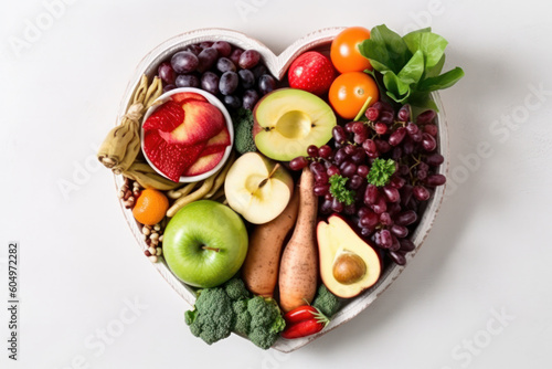 Colorful heart-shaped platter brimming with organic fruits and veggies  a feast for the eyes and the body. AI Generative