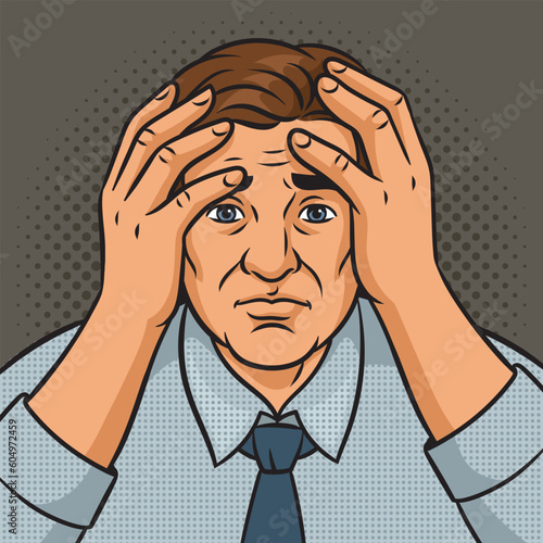 sad man holding his head in grief pop art retro vector illustration. Comic book style imitation.