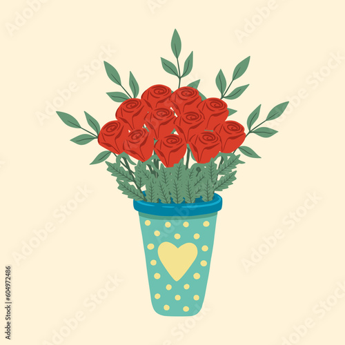 Illustration of vase with flowers. Bright blooming flowers in vase. Design element for greeting card, invitation, print, sticker. Illustration for birthday, mother's day, valentine's and woman's day.