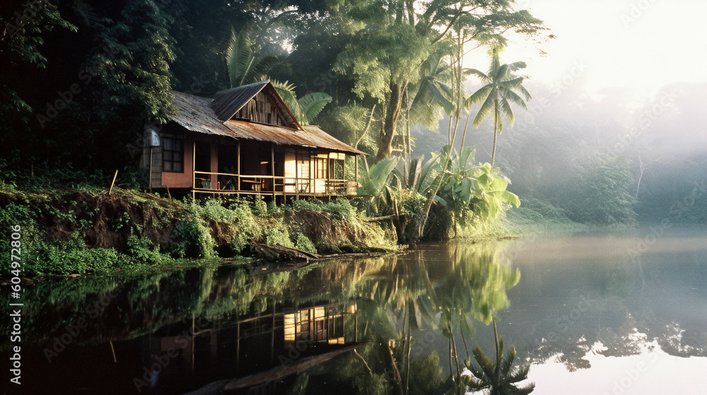 Obraz premium A wooden house by the river in the Amazon forest - generative ai