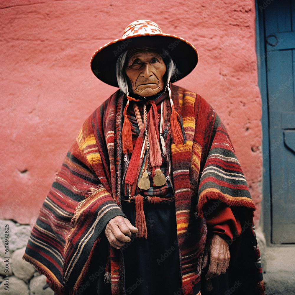 Fototapeta premium portrait of an old inca in traditional attire - generative ai