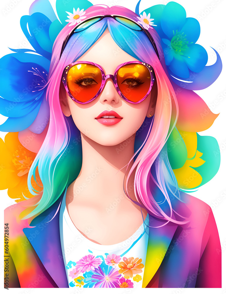 Portrait of beautiful woman wearing sunglasses. AI generated illustration