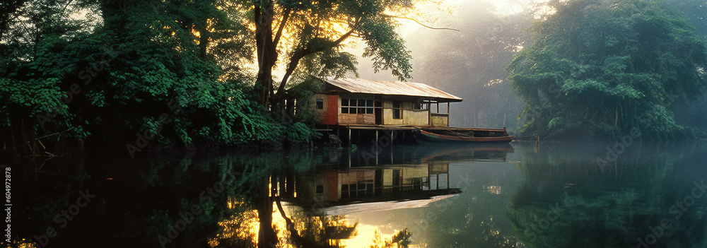 Fototapeta premium A wooden house by the river in the Amazon forest - generative ai