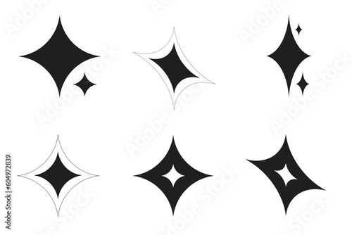Vector set stars on the white background, starburst and retro futuristic graphic ornaments for decoration.