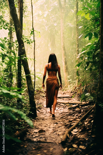 a young Indian woman walking in the amazon rainforest - generative ai