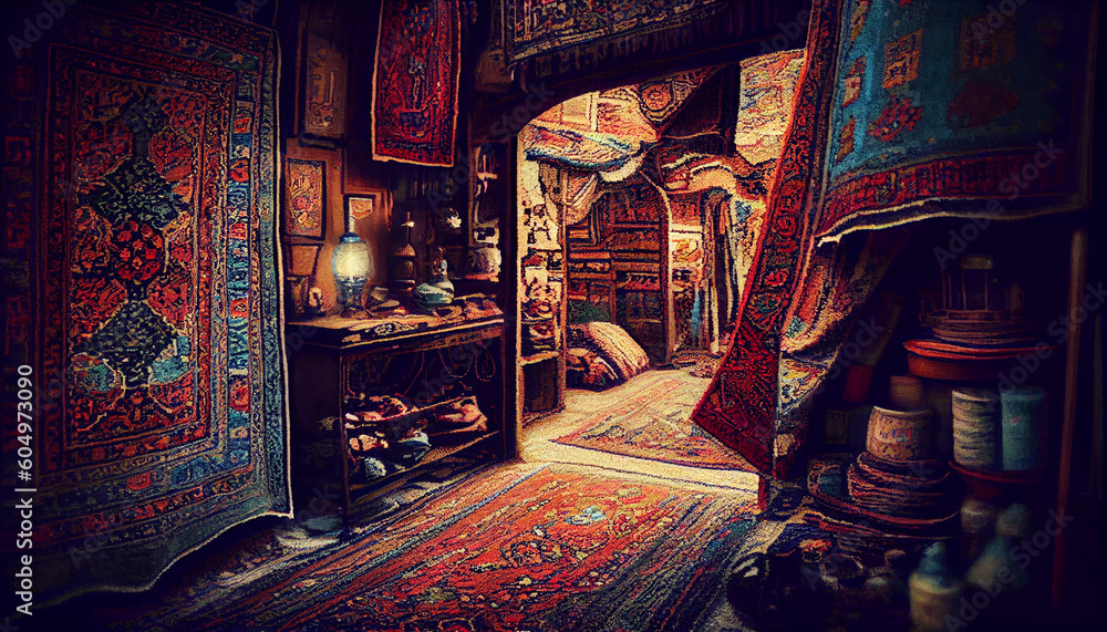Old carpet shop in eastern bazaar Generative AI