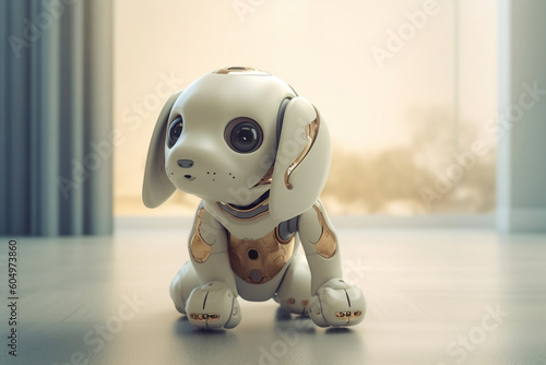 Cyborg futuristic animal toy. Technological robotic puppy gadget. White happy little dog robot pet. Futuristic pet assistant powered by artificial intelligence. Innovation high tech. Generative AI