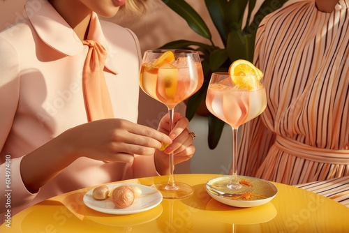 Close-up view of two women with aperol cocktails, summer cosmopolite vintage illustration, ai generative