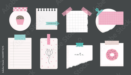 Set of bright various paper sticky notes, schedule, to-do list, planner, memories, office stickers vector illustrations. Cute memo templates,