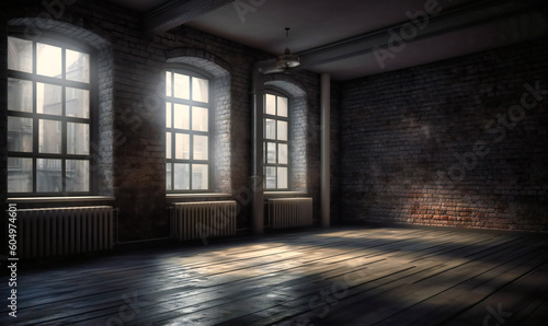 an empty room with window and brick wall