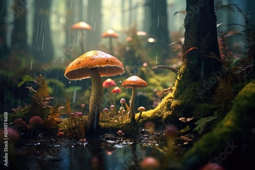 Enchanting Forest Scene: Raindrops Glisten on Mushrooms