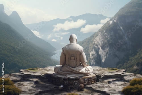Meditating Robot Monk: Harmony and Tranquility in the Mountains