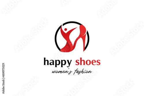 Fashion woman shoes logo design, happy high heels sandals vector illustration