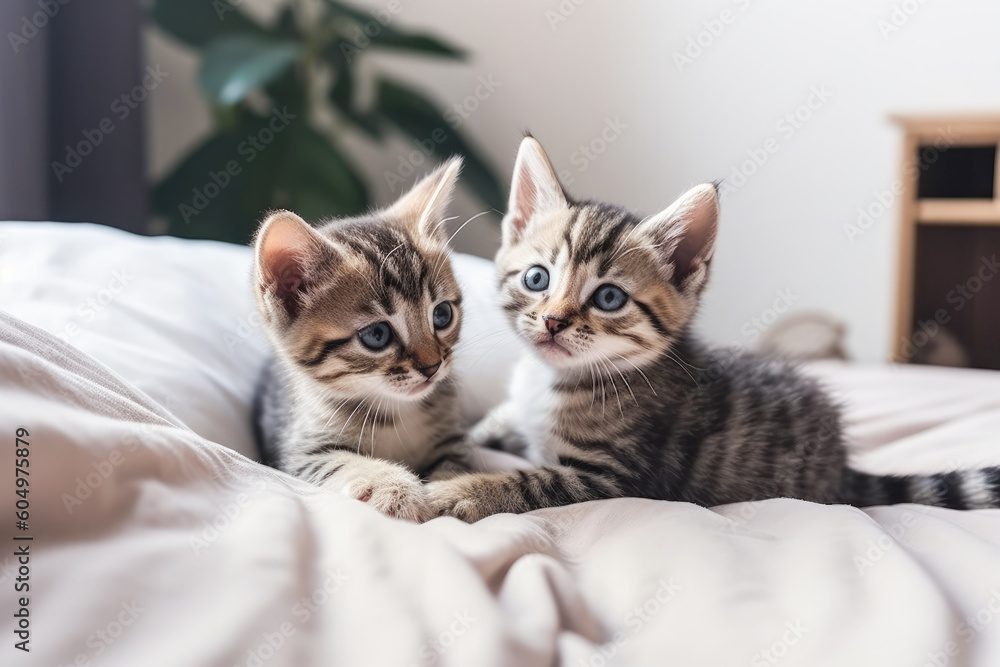 Two cute little kittens playing on bed at home. Generative AI.