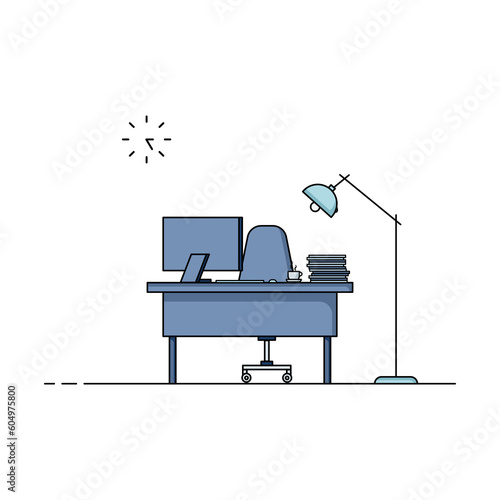 Flat design of working table with computer, desktop, equipment. Working desk with table, chair, book