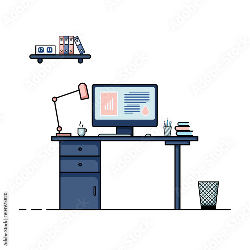 Flat design of working table with computer, desktop, equipment. Working desk with table, chair, book
