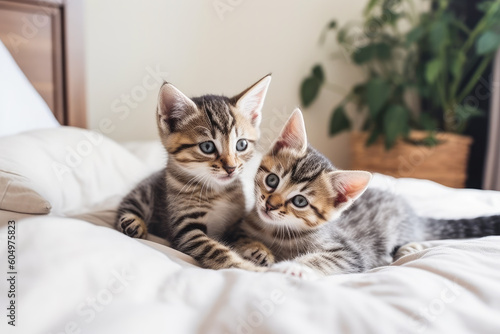 Two cute little kittens playing on bed at home. Generative AI.