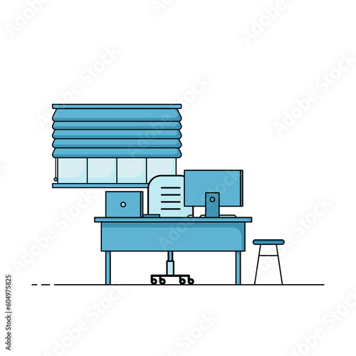 Flat design of working table with computer, desktop, equipment. Working desk with table, chair, book