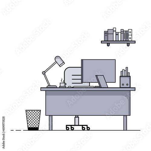 Flat design of working table with computer, desktop, equipment. Working desk with table, chair, book