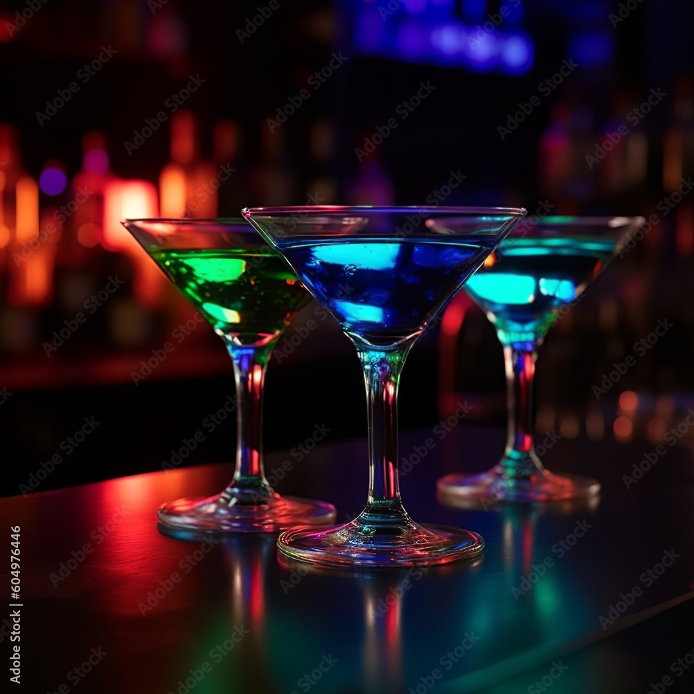neon color liquids in martinis glass