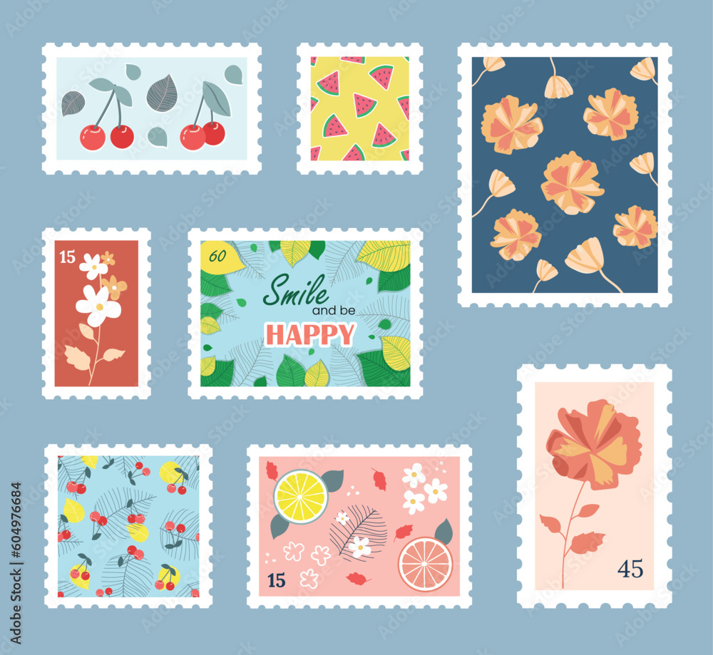 Different post stamps set. Retro Postmarks - for wedding design, invitation, congratulation, scrapbook. Can be used as labels, stickers or badges.