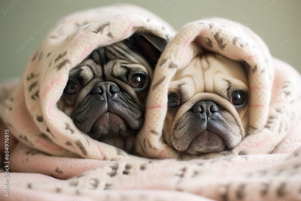 Pug Dog, Cute pet snuggling up in cozy blanket (Ai generated)
