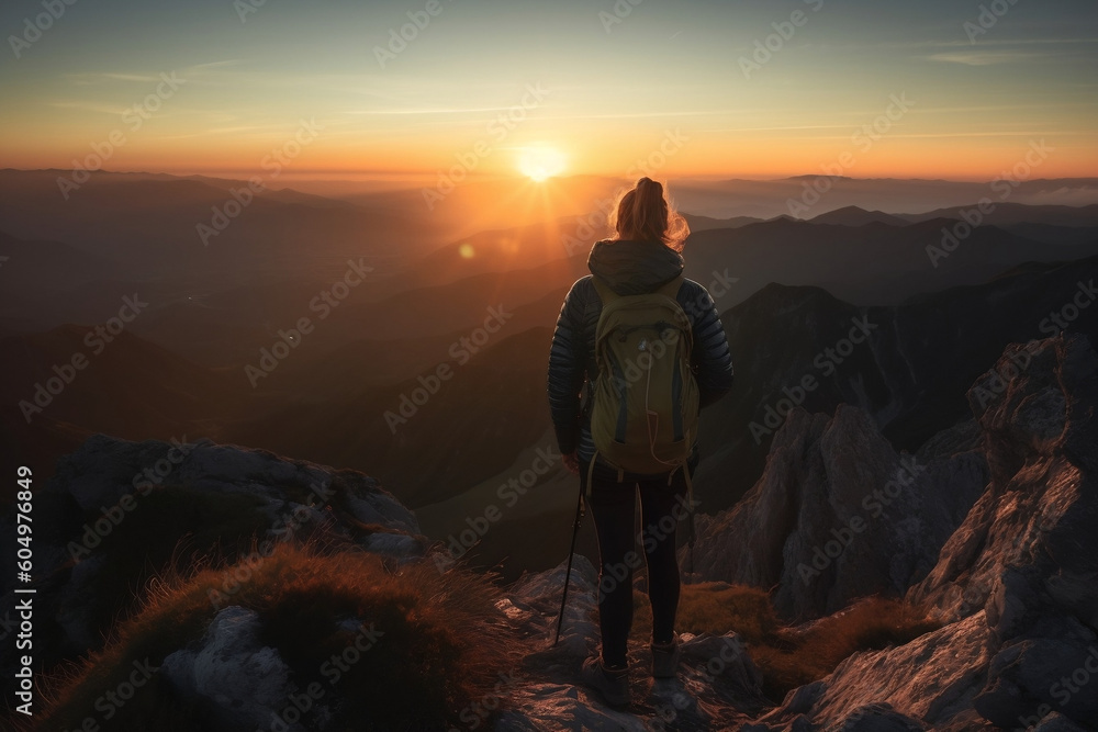 Female Hiker stands at the summit of a mountain chase with backpack looking at with a beautiful view of the sunrise or sunset. Generative AI Technology