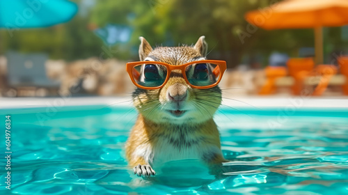 Funny Chipmunk in sunglasses in swimwing pool at resort. AI generative 