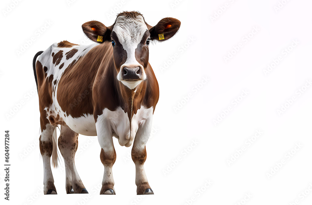 Cow. on a white isolated background. White cow with red spots. Banner. Generative AI