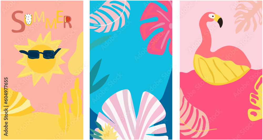 Obraz premium An imaginative backdrop featuring a picturesque seaside landscape, a vibrant sun, flamboyant foliage, and the playful presence of a flamingo. A collection of summer-themed posters. Vector.
