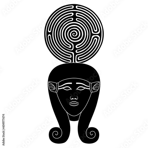 Head of ancient Egyptian goddess Hathor holding a round spiral maze or labyrinth symbol. Creative concept. Black and white silhouette.