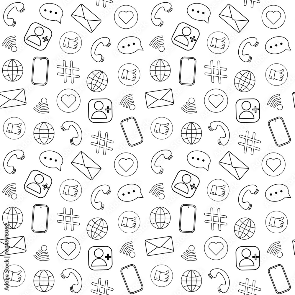 Seamless pattern with different icons for social media, webpages, advertising background, textile, and T-shorts print. Mobile phone, Seamless pattern with different icons for social media, webpages, advertising background, textile, and T-shorts print. Mobile phone,