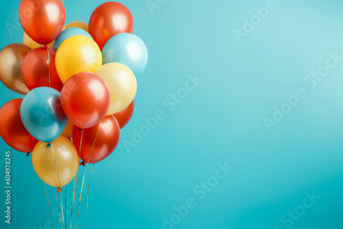 Colorful balloons on a turquoise background, in the style of nostalgic minimalism. Generative Ai Illustration.
