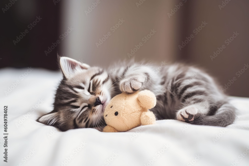 Cute little kitten sleeping with teddy bear on white blanket on bed. Generative AI.