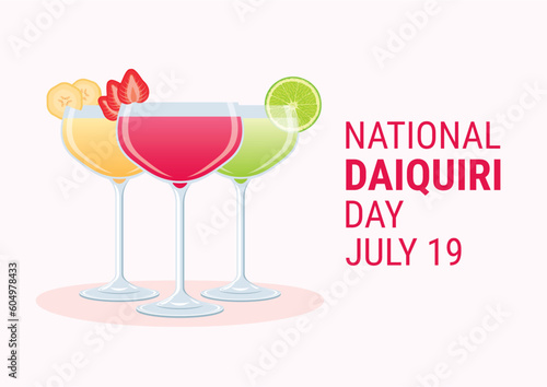 National Daiquiri Day vector illustration. Strawberry, lime and banana drink icon set vector. Alcoholic daiquiri fruit cocktail vector. July 19 each year. Important day